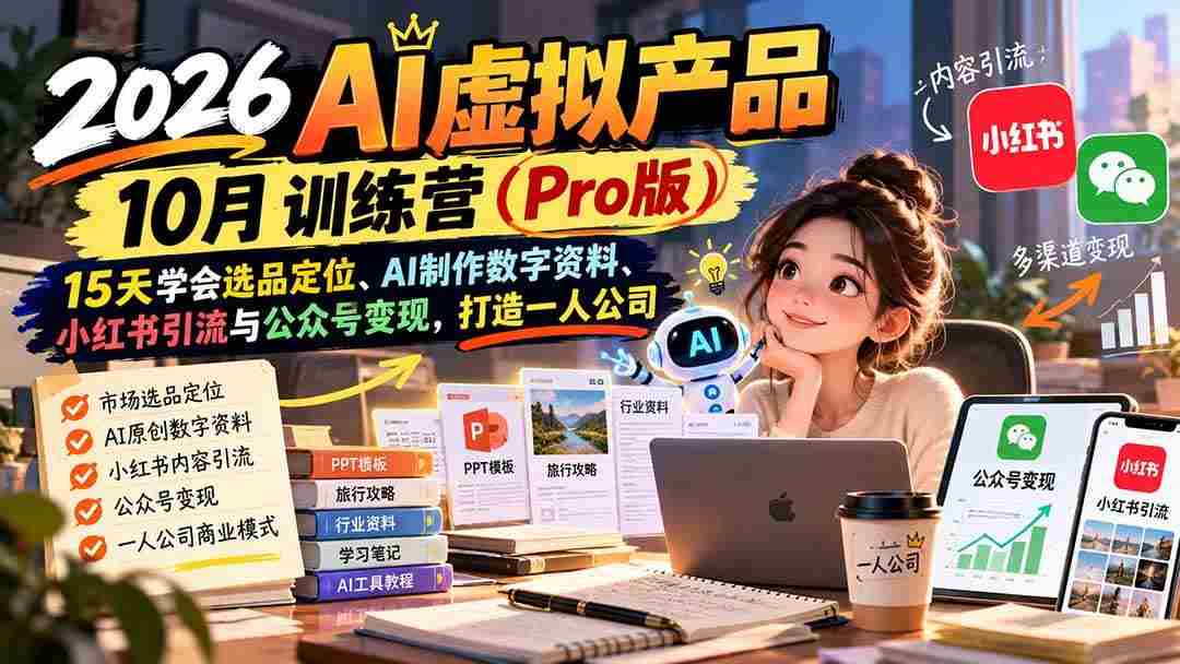 20261021031108-6ad82d4c69735.jpg (21054期)2026AI虚拟产品10月训练营(Pro版):15天学会选品定位、AI制作数字资料、小红书引流与公众号变现,打造一人公司
