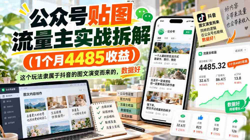 20261021040002-6ad838c267234.jpg 公众号贴图流量主实战拆解(1个月4485收益),这个玩法隶属于抖音的图文演变而来的,数据好