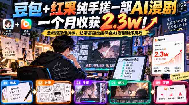 20261021091251-6ad88213741fb.jpg 豆包+红果纯手搓一部AI漫剧一个月收获2.3w!全流程操作演示,让零基础也能学会AI漫剧制作技巧