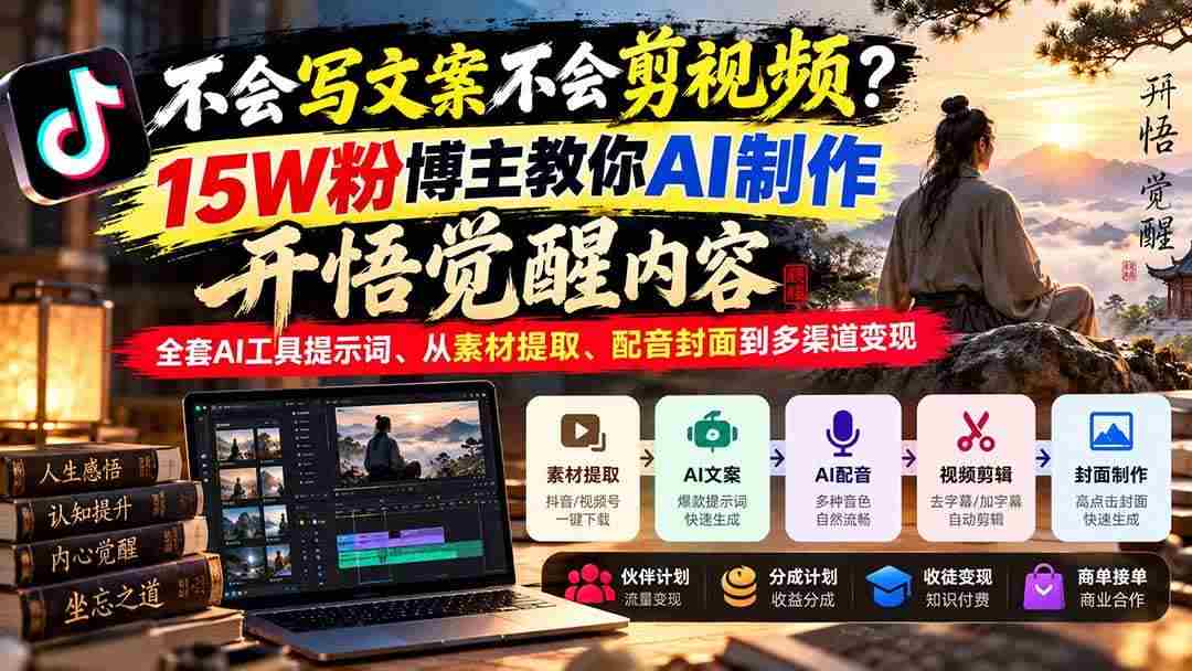 20261021091301-6ad8821dee7fb.jpg (21085期)不会写文案不会剪视频?15W粉博主教你AI制作开悟觉醒内容,全套AI工具提示词、从素材提取、配音封面到多渠道变现