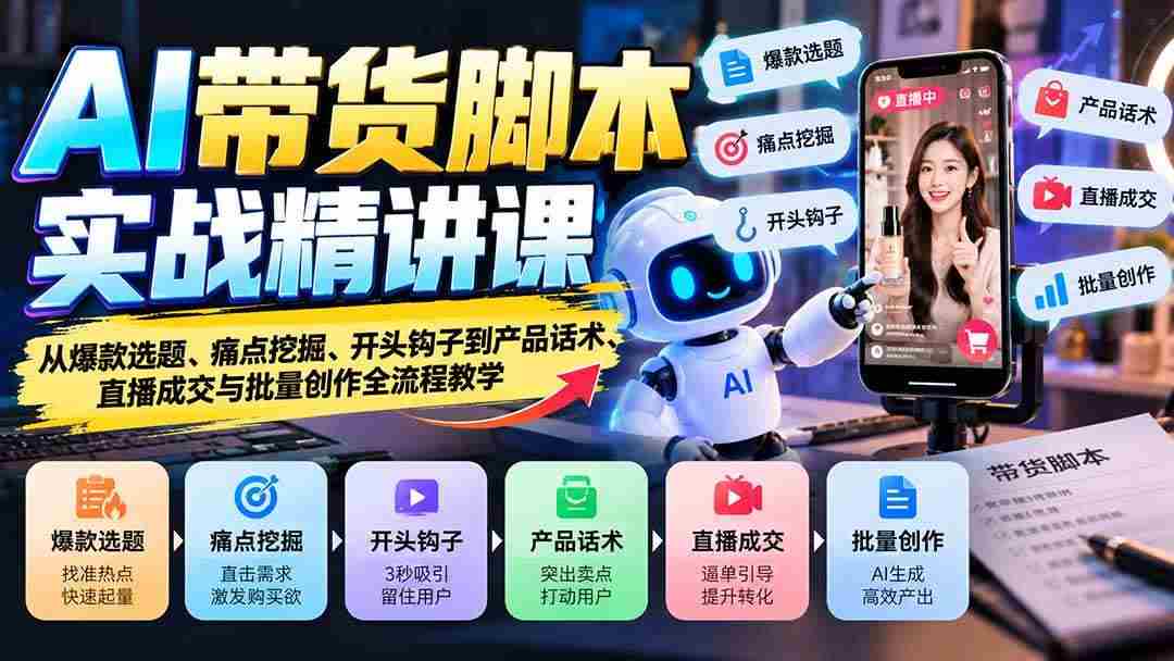 20261021091303-6ad8821fa60ab.jpg (21084期)AI带货脚本实战精讲课:从爆款选题、痛点挖掘、开头钩子到产品话术、直播成交与批量创作全流程教学