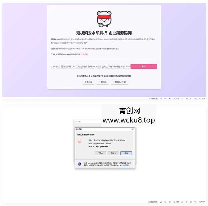 【亲测】网页版短视频去水印源码，上传既用网赚项目-副业赚钱-互联网创业-资源整合青创网