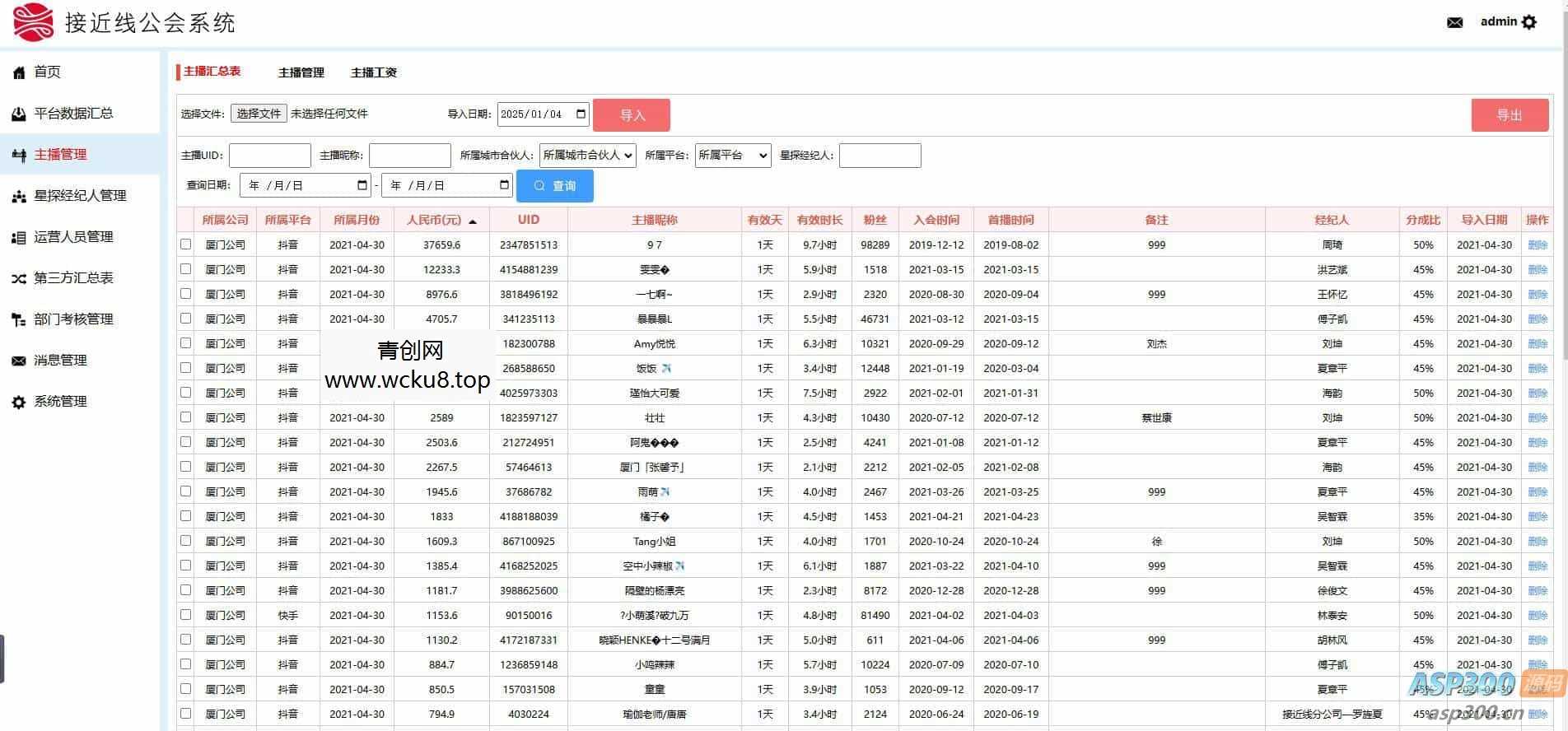 工会系统抖音快手等多平台主播分红分润系统星探经纪人城市合伙人多角色管理系统分红统计系统网赚项目-副业赚钱-互联网创业-资源整合青创网