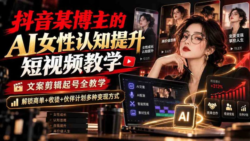 抖音某博主的Ai女性认知提升短视频教学，文案剪辑起号全教学，解锁商单+收徒+伙伴计划多种变现方式网赚项目-副业赚钱-互联网创业-资源整合青创网