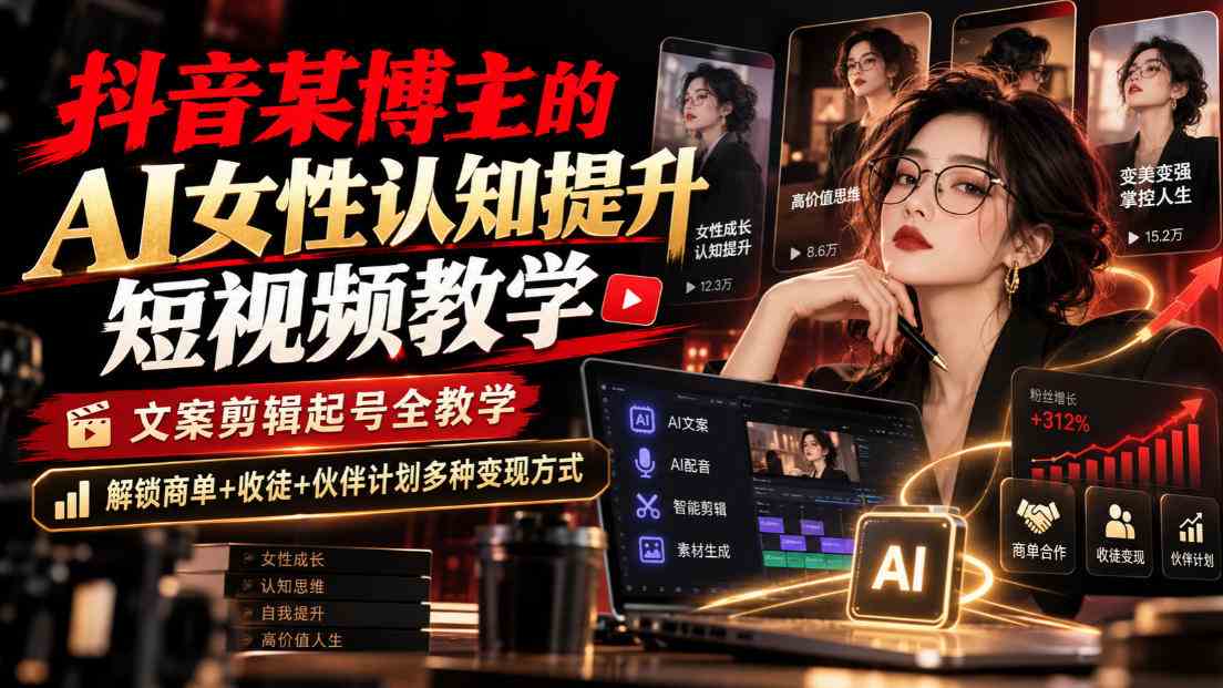 抖音某博主的Ai女性认知提升短视频教学，文案剪辑起号全教学，解锁商单+收徒+伙伴计划多种变现方式-毅衡部落
