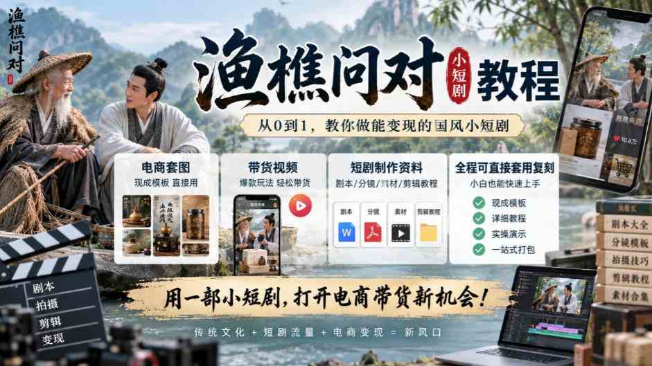 渔樵问对小短剧教程，包含电商套图、带货视频，短剧制作资料，全程可直接套用复刻-毅衡部落