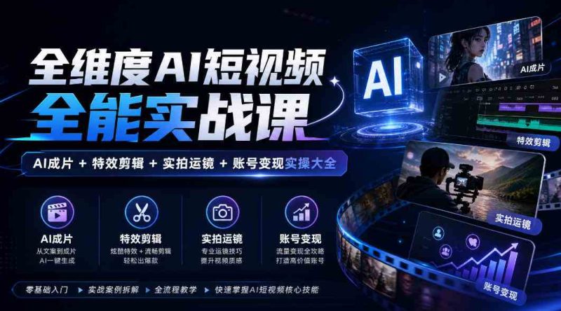 全维度AI短视频全能实战课,AI成片+特效剪辑+实拍运镜+账号变现实操大全网赚项目-副业赚钱-互联网创业-资源整合青创网