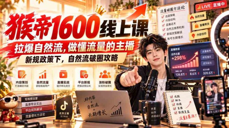 猴帝1600线上课,拉爆自然流,做懂流量的主播,新规政策下,自然流破圈攻略【更新261002】网赚项目-副业赚钱-互联网创业-资源整合青创网