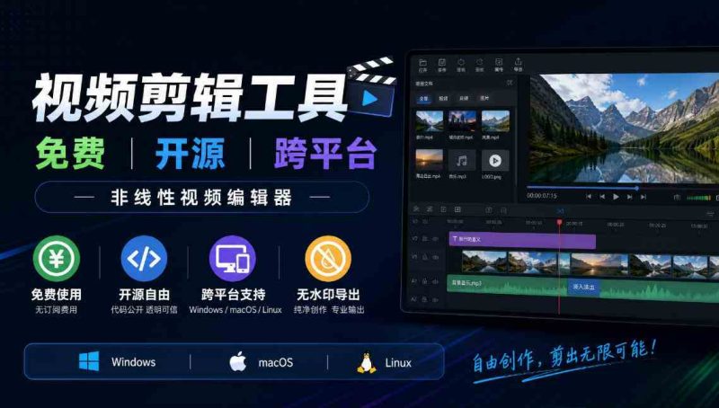 视频剪辑工具,免费、开源、跨平台,非线性视频编辑器,支持Windows、macOS、Linux,无水印、无订阅费用网赚项目-副业赚钱-互联网创业-资源整合青创网