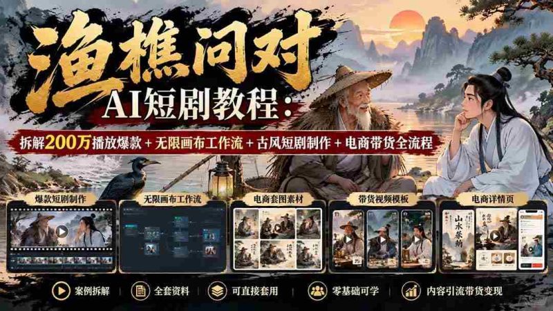 (20772期)【无水印】渔樵问对AI短剧教程:拆解200万播放爆款+无限画布工作流+古风短剧制作+电商带货全流程网赚项目-副业赚钱-互联网创业-资源整合青创网