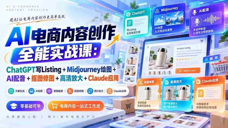 (20770期)【无水印】AI电商内容创作全能实战课:ChatGPT写Listing+Midjourney绘图+AI配音+抠图修图+高清放大+Claude应用网赚项目-副业赚钱-互联网创业-资源整合青创网