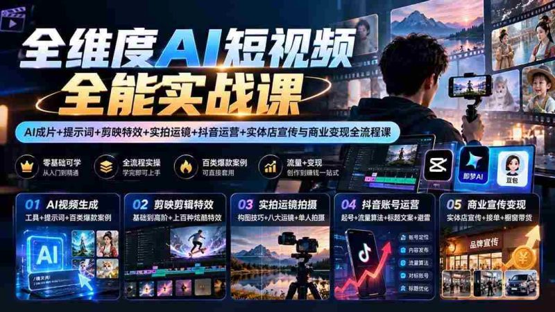 （20768期）【无水印】全维度AI短视频全能实战课：AI成片+提示词+剪映特效+实拍运镜+抖音运营+实体店宣传与商业变现全流程课网赚项目-副业赚钱-互联网创业-资源整合青创网