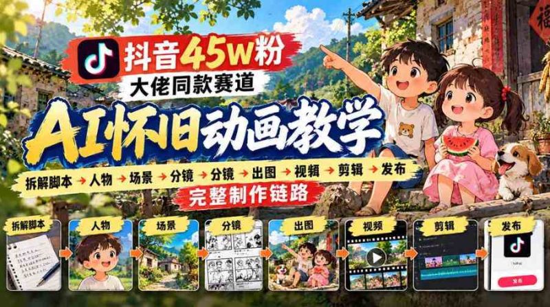 抖音45W粉大佬同款赛道AI怀旧动画实战课：拆解脚本→人物→场景→分镜→出图→视频→剪辑→发布完整制作链路网赚项目-副业赚钱-互联网创业-资源整合青创网