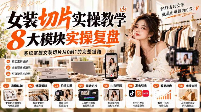 女装切片实操教学，8大模块实操复盘，系统掌握女装切片从0到1的完整链路网赚项目-副业赚钱-互联网创业-资源整合青创网