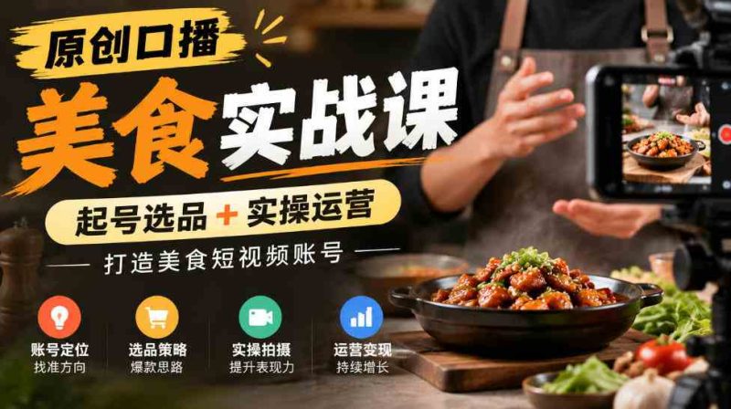 原创口播美食实战课,起号选品+实操运营,打造美食短视频账号网赚项目-副业赚钱-互联网创业-资源整合青创网