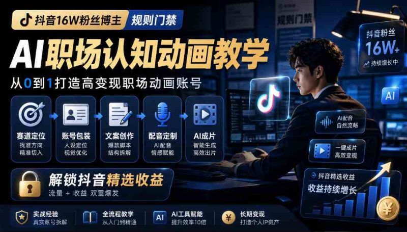 抖音16W粉丝博主规则门禁的AI职场认知动画教学,从赛道定位、账号包装,到文案创作、配音定制、AI成片,解锁抖音精选收益网赚项目-副业赚钱-互联网创业-资源整合青创网