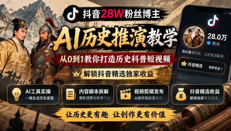 抖音28W粉丝博主的AI历史推演教学,从0到1教你打造历史科普短视频,解锁抖音精选独家收益网赚项目-副业赚钱-互联网创业-资源整合青创网