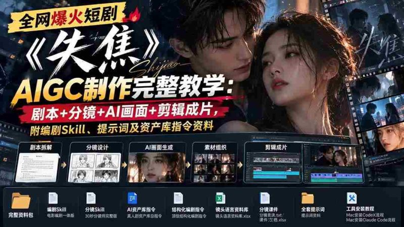 （20805期）全网爆火短剧《失焦》AIGC制作完整教学：剧本+分镜+AI画面+剪辑成片，附编剧Skill、提示词及资产库指令资料网赚项目-副业赚钱-互联网创业-资源整合青创网