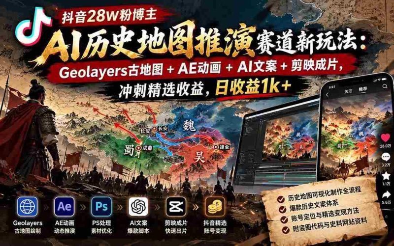 (20809期)抖音28W粉博主AI历史地图推演赛道新玩法:Geolayers古地图+AE动画+AI文案+剪映成片,冲刺精选收益,日收益1k+网赚项目-副业赚钱-互联网创业-资源整合青创网