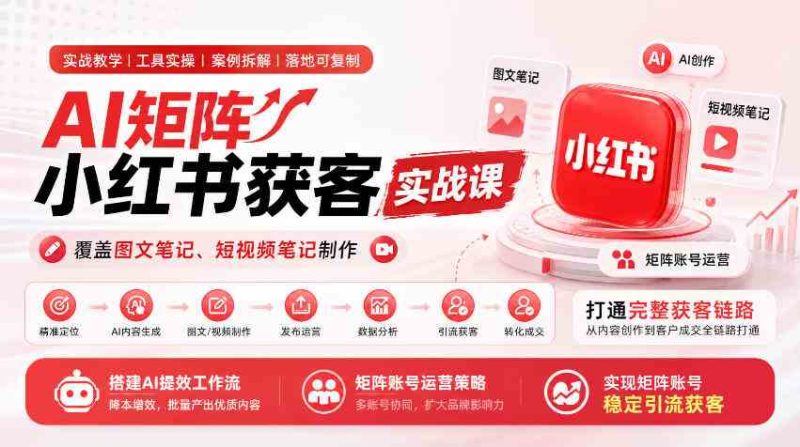 AI矩阵小红书获客实战课，覆盖图文笔记、短视频笔记制作，打通完整获客链路，搭建AI提效工作流，实现矩阵账号稳定引流获客（更新1005）网赚项目-副业赚钱-互联网创业-资源整合青创网