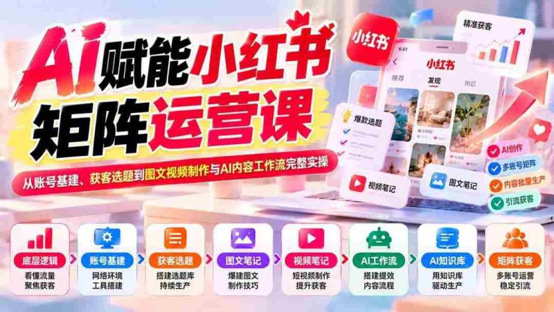(20822期)AI赋能小红书矩阵运营课:从账号基建、获客选题到图文视频制作与AI内容工作流完整实操网赚项目-副业赚钱-互联网创业-资源整合青创网