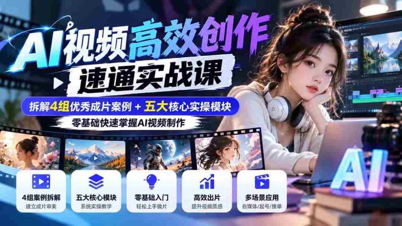 (20819期)【无水印】AI视频高效创作速通实战课:拆解4组优秀成片案例+五大核心实操模块,零基础快速掌握AI视频制作网赚项目-副业赚钱-互联网创业-资源整合青创网