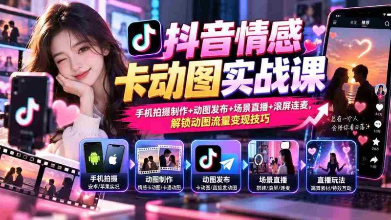 （20815期）抖音情感卡动图实战课：手机拍摄制作+动图发布+场景直播+滚屏连麦，解锁动图流量变现技巧网赚项目-副业赚钱-互联网创业-资源整合青创网