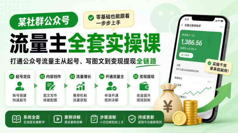 某社群公众号流量主全套实操课,零基础也能跟着一步步上手,打通公众号流量主从起号、写图文到变现提现全链路网赚项目-副业赚钱-互联网创业-资源整合青创网