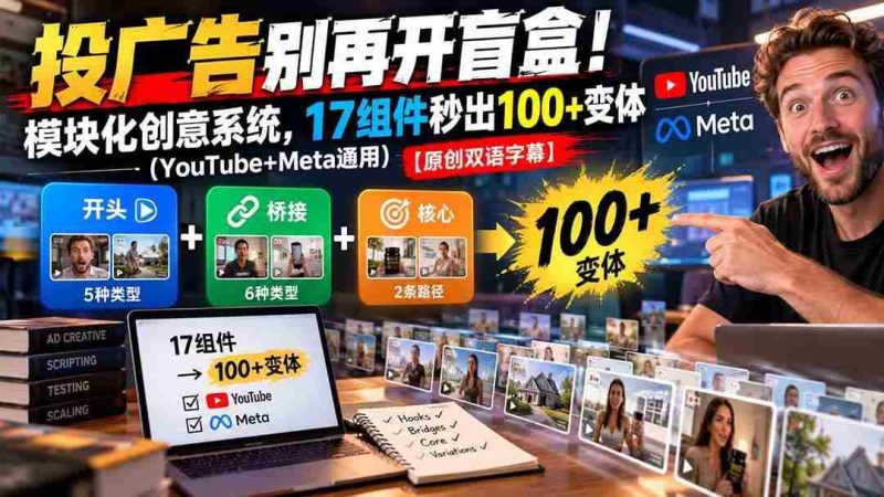 (20840期)投广告别再开盲盒!模块化创意系统,17组件秒出100+变体(YouTube+Meta通用)【原创双语字幕】网赚项目-副业赚钱-互联网创业-资源整合青创网