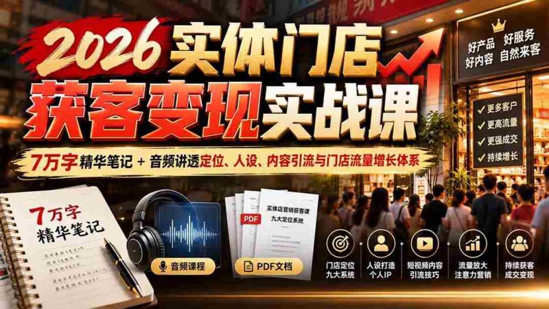 (20832期)2026实体门店获客变现实战课:7万字精华笔记+音频讲透定位、人设、内容引流与门店流量增长体系网赚项目-副业赚钱-互联网创业-资源整合青创网