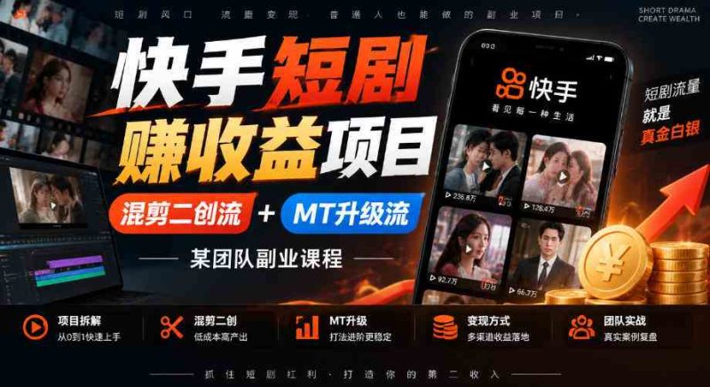 快手短剧賺收益项目,混剪二创流+MT升级流,某团队副业课程网赚项目-副业赚钱-互联网创业-资源整合青创网