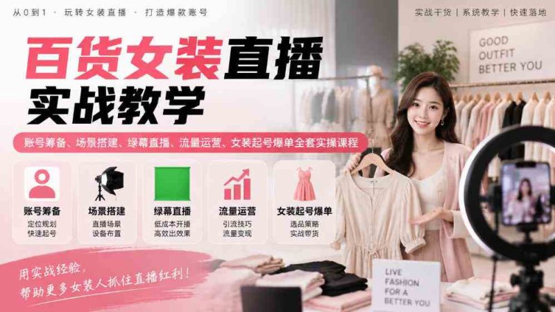 百货女装直播实战教学|账号筹备、场景搭建、绿幕直播、流量运营、女装起号爆单全套实操课程网赚项目-副业赚钱-互联网创业-资源整合青创网