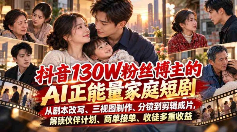 抖音130W粉丝博主的AI正能量家庭短剧,从剧本改写、三视图制作、分镜到剪辑成片,解锁伙伴计划、商单接单、收徒多重收益(更新1007)网赚项目-副业赚钱-互联网创业-资源整合青创网