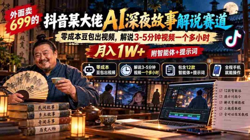 (20853期)外面卖699抖音某大佬AI深夜故事解说赛道-更新:0成本豆包出视频+解说3-5分钟视频一个多小时,月入1W+附智能体+提示词网赚项目-副业赚钱-互联网创业-资源整合青创网