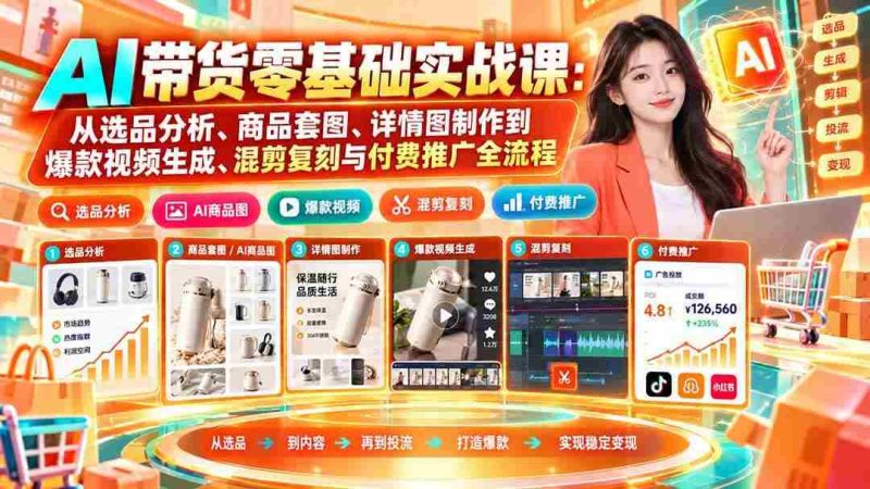 (20856期)AI带货零基础实战课:从选品分析、商品套图、详情图制作到爆款视频生成、混剪复刻与付费推广全流程网赚项目-副业赚钱-互联网创业-资源整合青创网