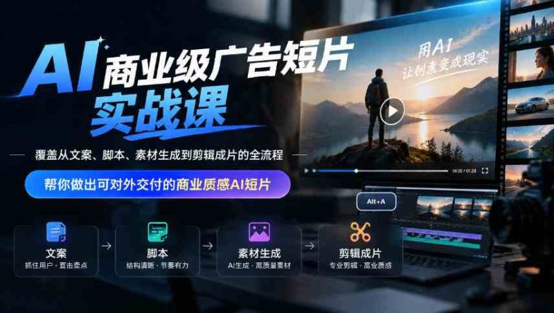 AI商业级广告短片实战课,覆盖从文案、脚本、素材生成到剪辑成片的全流程,帮你做出可对外交付的商业质感AI短片网赚项目-副业赚钱-互联网创业-资源整合青创网