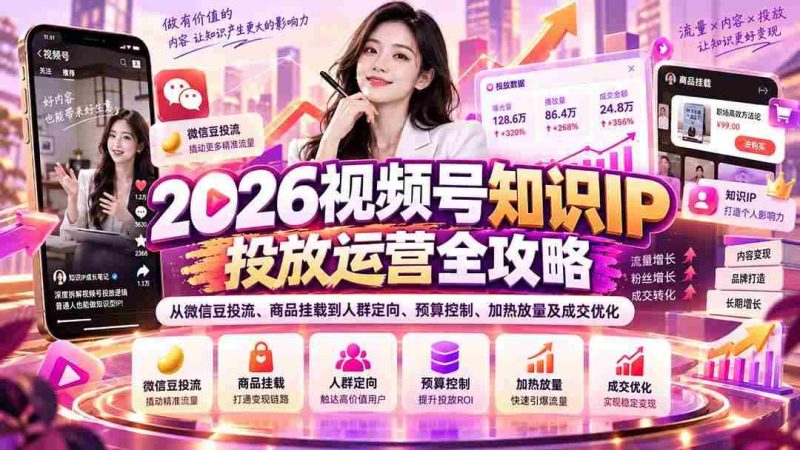 (20860期)2026视频号知识IP投放运营全攻略:从微信豆投流、商品挂载到人群定向、预算控制、加热放量及成交优化网赚项目-副业赚钱-互联网创业-资源整合青创网