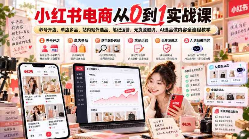 小红书电商从0到1实战课|养号开店、单店多品、站内站外选品、笔记运营、无货源避坑、AI选品做内容全流程教学网赚项目-副业赚钱-互联网创业-资源整合青创网