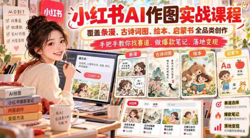 小红书AI作图实战课程,覆盖条漫、古诗词图、绘本、启蒙书全品类创作,手把手教你找赛道、做爆款笔记、落地变现(更新1009)网赚项目-副业赚钱-互联网创业-资源整合青创网