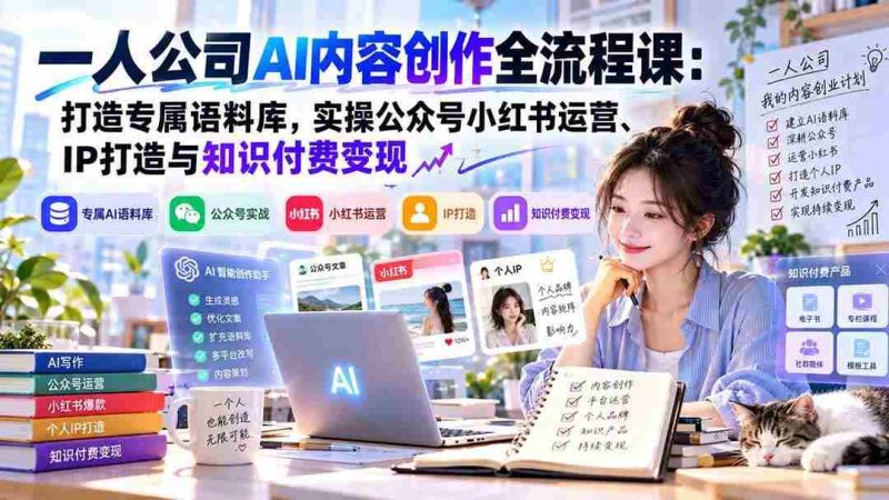 (20866期)一人公司AI内容创作全流程课:打造专属语料库,实操公众号小红书运营、IP打造与知识付费变现方法论网赚项目-副业赚钱-互联网创业-资源整合青创网