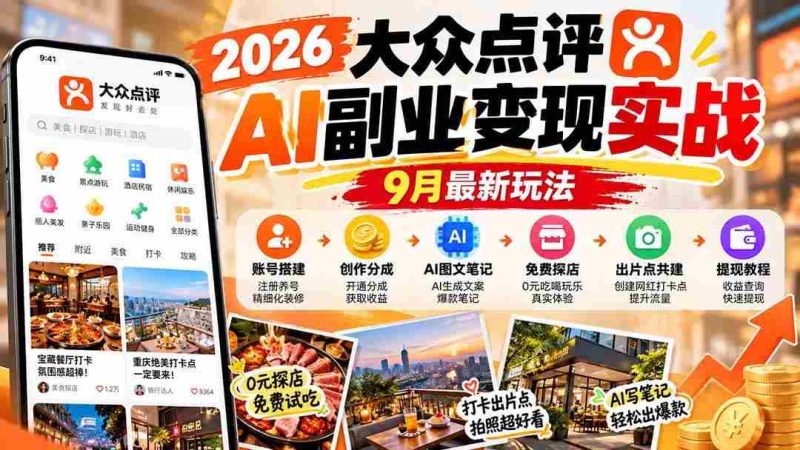 （20873期）2026大众点评AI副业变现实战9月最新玩法：账号搭建+创作分成+AI图文笔记+免费探店+出片点共建与提现教程网赚项目-副业赚钱-互联网创业-资源整合青创网