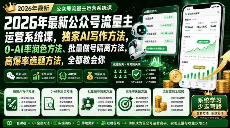 2026年最新公众号流量主运营系统课,独家AI写作方法,0-AI率润色方法、批量做号隔离方法、高爆率选题方法,全都教会你(更新1009)网赚项目-副业赚钱-互联网创业-资源整合青创网