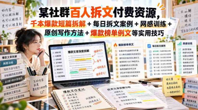 （无水印）某社群百人拆文付费资源，千本爆款短篇拆解+每日拆文案例+网感训练+原创写作方法+爆款榜单例文等实用技巧(更新1009)网赚项目-副业赚钱-互联网创业-资源整合青创网
