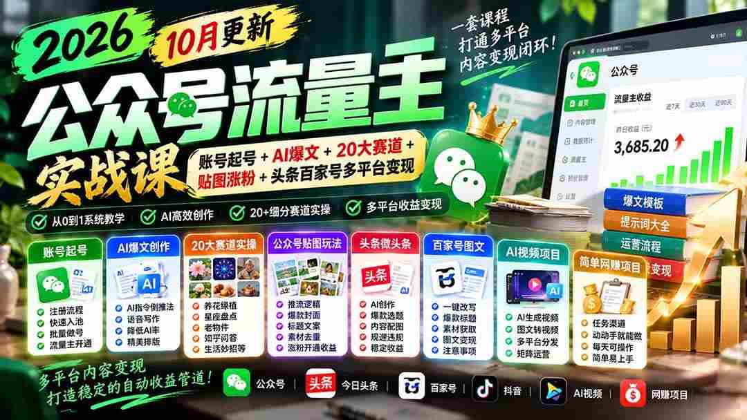（20878期）2026公众号流量主实战课-10月更新：账号起号+AI爆文+20大赛道+贴图涨粉+头条百家号多平台变现-毅衡部落