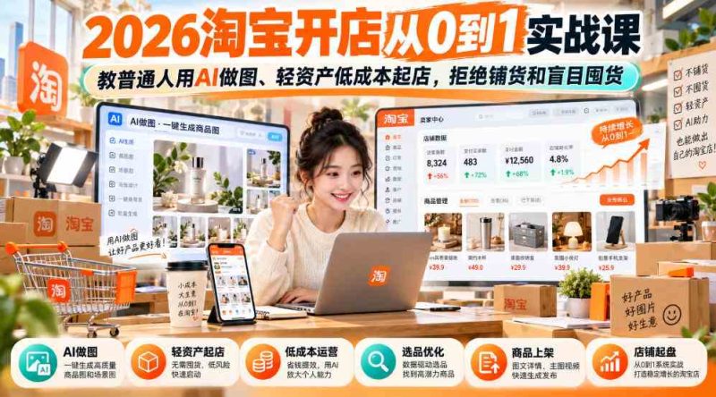 2026淘宝开店从0到1实战课,教普通人用AI做图、轻资产低成本起店,拒绝铺货和盲目囤货网赚项目-副业赚钱-互联网创业-资源整合青创网