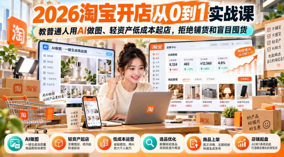 2026淘宝开店从0到1实战课，教普通人用AI做图、轻资产低成本起店，拒绝铺货和盲目囤货-毅衡部落