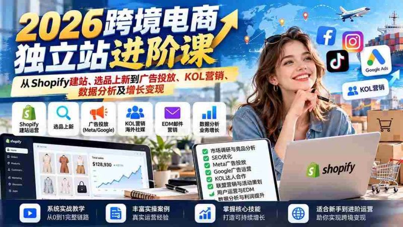 (20904期)2026跨境电商独立站进阶课:从Shopify建站、选品上新到广告投放、KOL营销、数据分析及增长变现网赚项目-副业赚钱-互联网创业-资源整合青创网