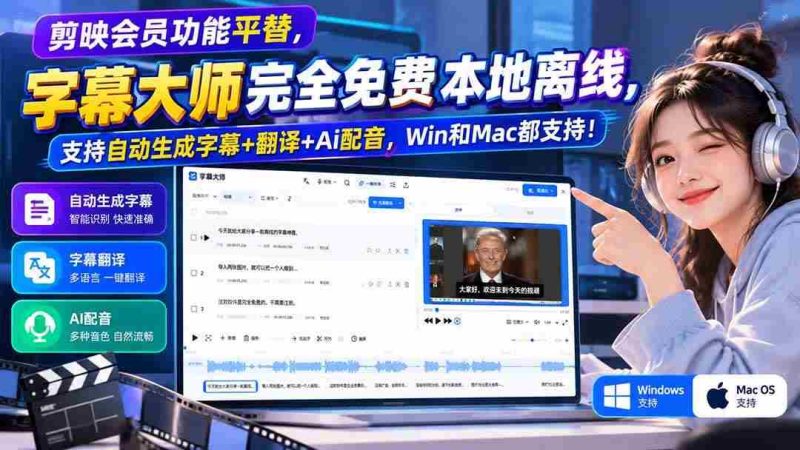 (20902期)剪映会员功能平替,字幕大师完全免费本地离线,支持自动生成字幕+翻译+Ai配音,Win和Mac都支持!网赚项目-副业赚钱-互联网创业-资源整合青创网