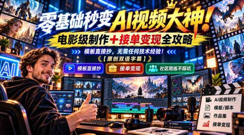 零基础秒变AI视频大神!电影级制作+接单变现全攻略,模板直接抄,无需任何技术经验!【原创双语字幕】网赚项目-副业赚钱-互联网创业-资源整合青创网