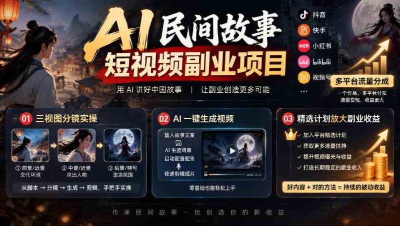 AI民间故事短视频副业项目,多平台流量分成,三视图分镜实操,精选计划放大副业收益网赚项目-副业赚钱-互联网创业-资源整合青创网